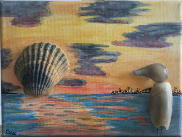 OPS Art Show Bidding Begins "Heron at Shellset" by Leanne E. Smith. 6" x 8" mixed media